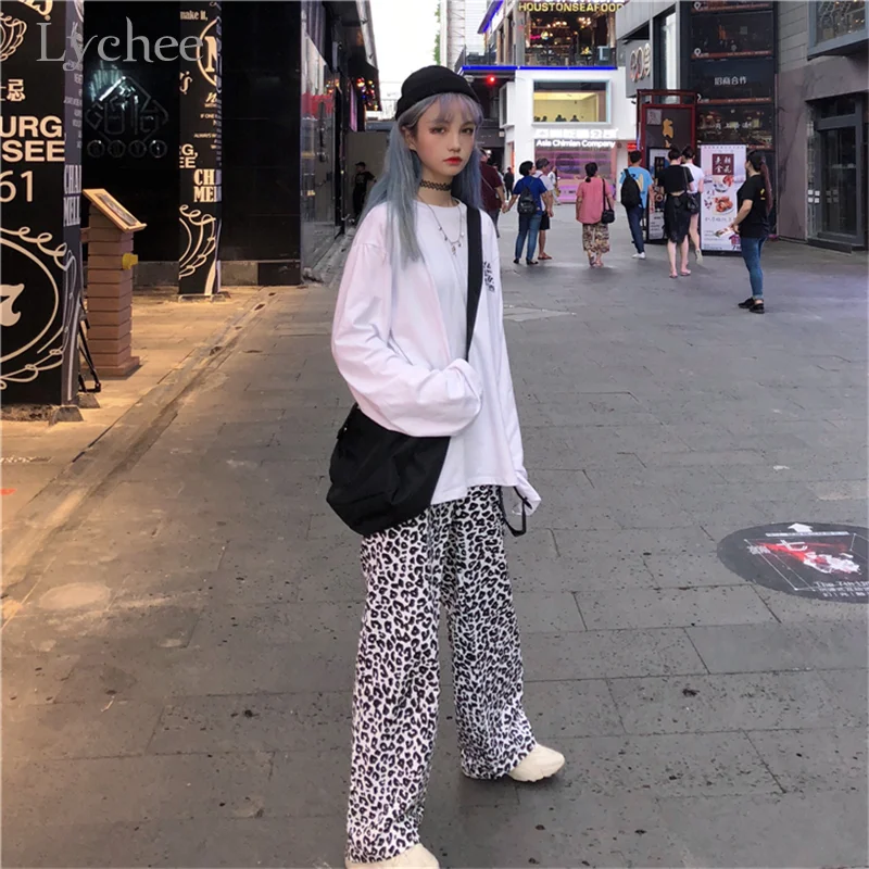 Lychee, Harajuku, леопардовые женские штаны, высокая талия, эластичная талия, широкие брюки, женские брюки, повседневные, свободные, весна, осень, женские штаны