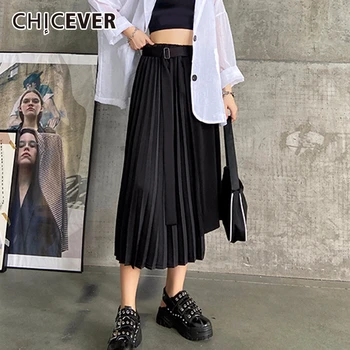 

CHICEVER Korean Women's Skirt Elastic High Waist Loose Plus Size Casual Asymmetric Pleated Skirts Female Summer 2020 Clothes New