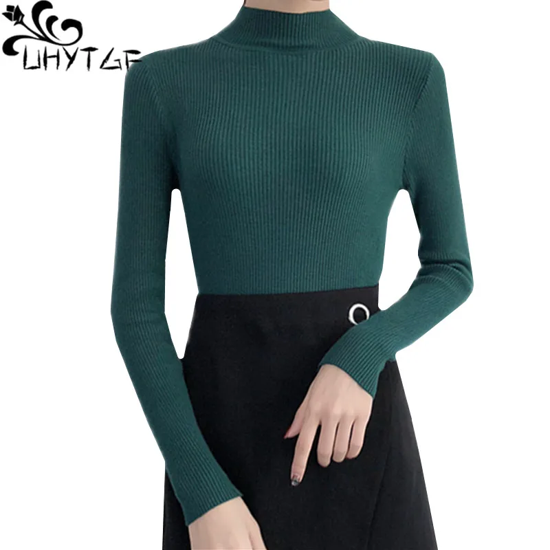 

UHYTGF Women turtleneck Pullover short Knitted sweaters Long-sleeved slim Elasticity autumn winter sweater female pull femme 243
