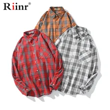 Riinr мужские клетчатые рубашки с длинными рукавами модные брендовые мужские удобные трендовые рубашки осенние Новые лацканы тонкие рубашки мужские