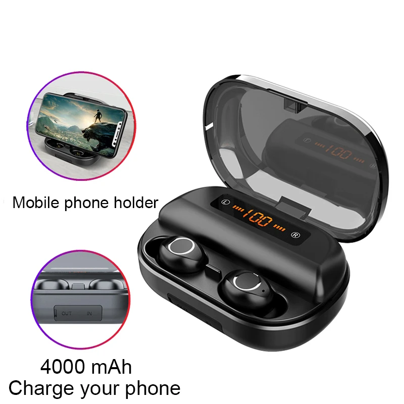 

TWS Bluetooth 5.0 Wireless Headset Stereo Portable Noise Reduction Game Headphones with Microphone and 2000mAh LED Power Monitor