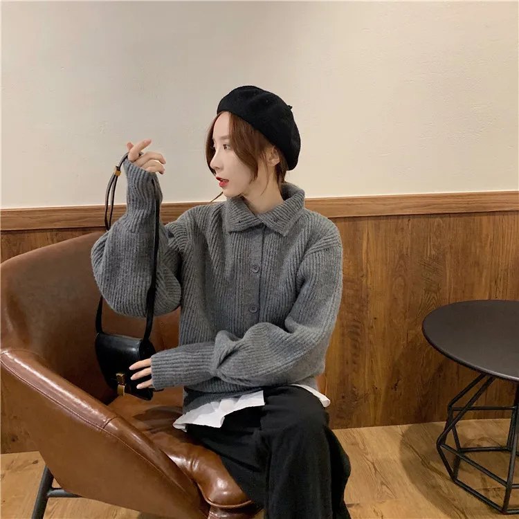 Sweater Cardigan Women Vintage Lantern Sleeve Casual Cardigan Harajuku Lapel Solod Color Coat