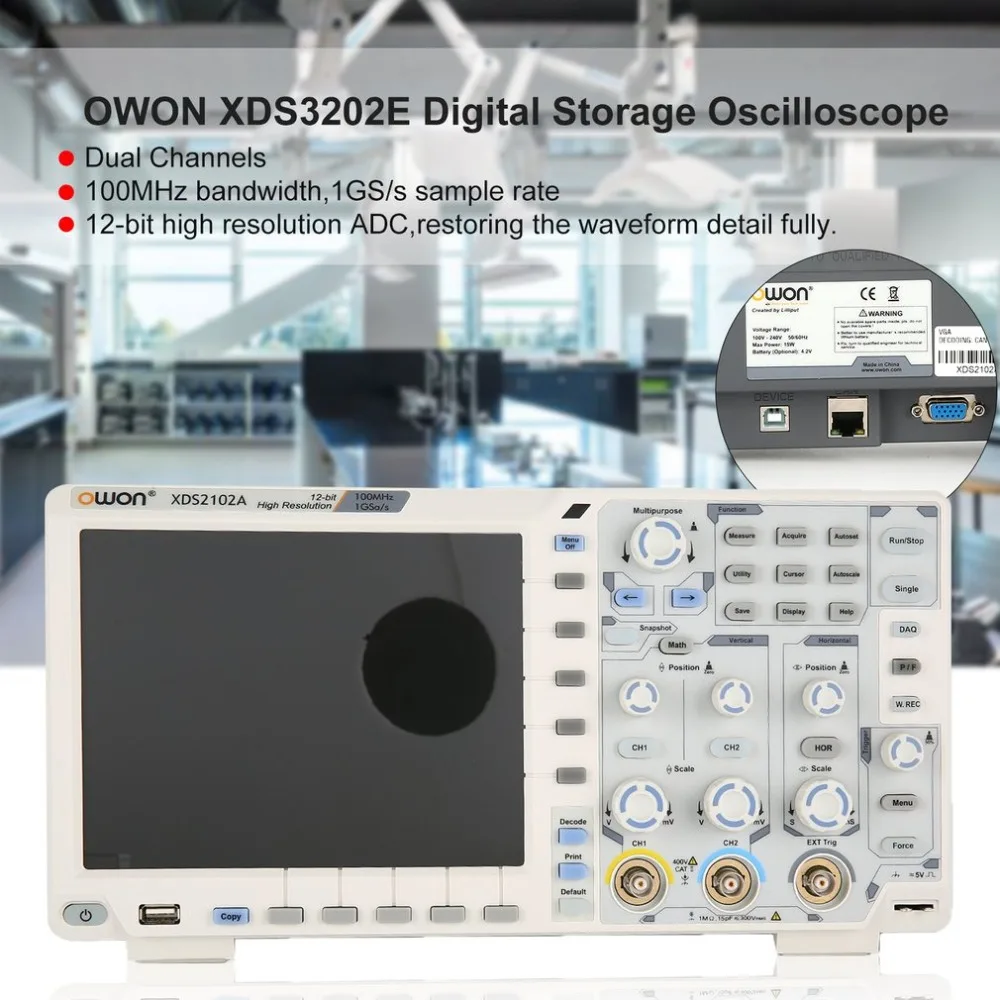 OWON XDS2102A двухканальный Глубокая память ЖК-дисплей Дисплей цифровой запоминающий осциллограф, осциллоскоп измеритель диапазона 100 МГц 1GSa/s