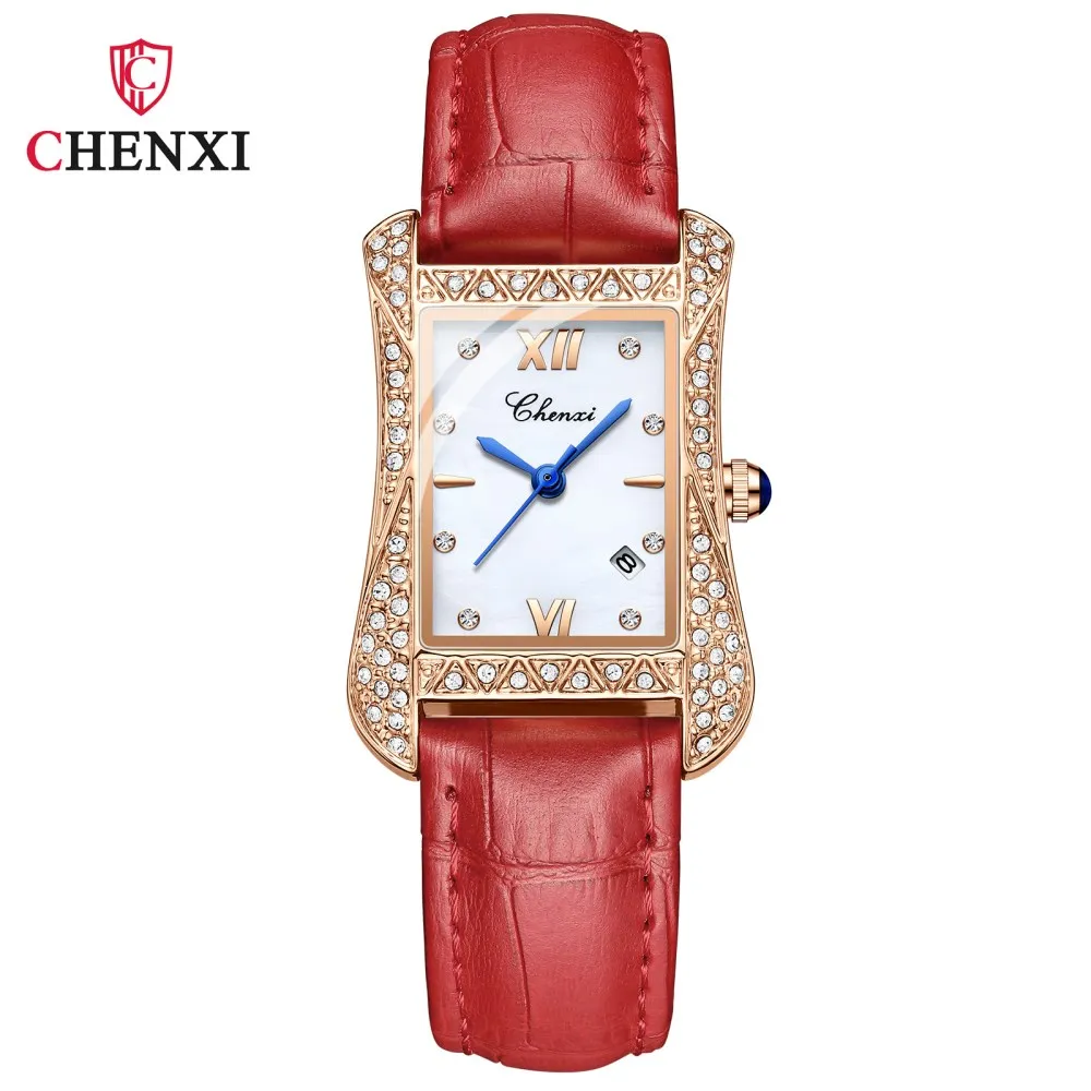

CHENXI New Women's Fashion Watches Luxury Rose Gold Square Diamond Watch Women Genuine Leather Quartz Wristwatch Gifts For Women