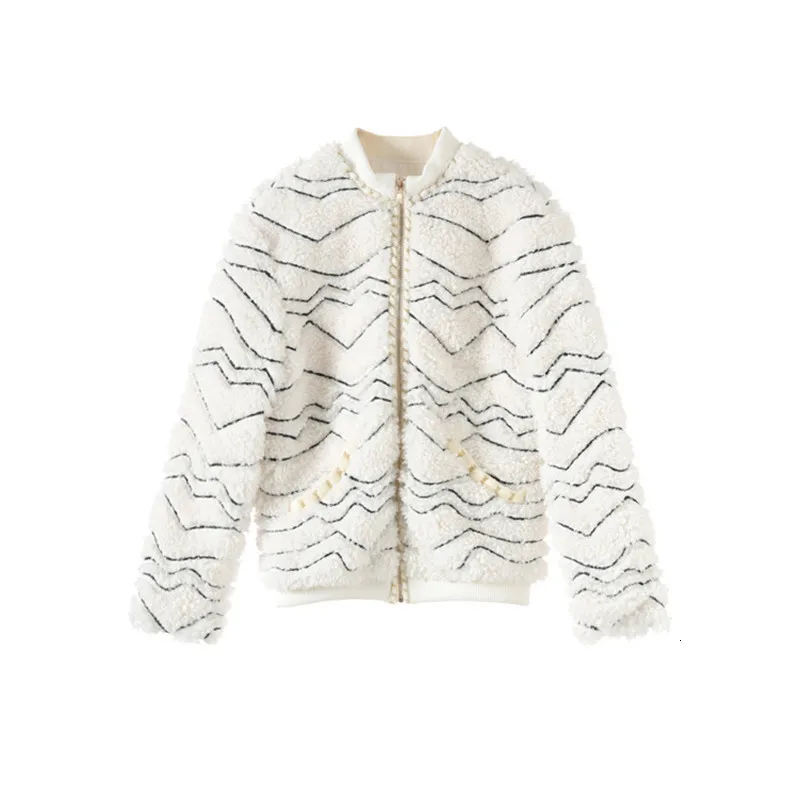 beige Женское пальто из искусственного меха зимнее теплое пальто с круглым вырезом и длинным рукавом в полоску из искусственной овечьей шерсти куртка-бомбер на молнии XX012 - Цвет: beige