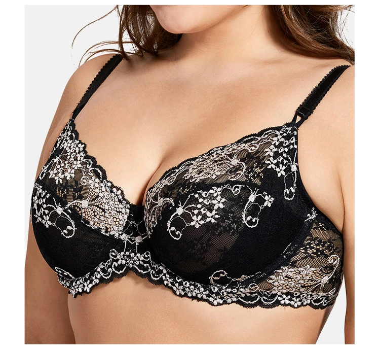 

Women's Full coverage Underwired Non Padding Sheer Floral Lace Breathable Balconette Bra Plus Size