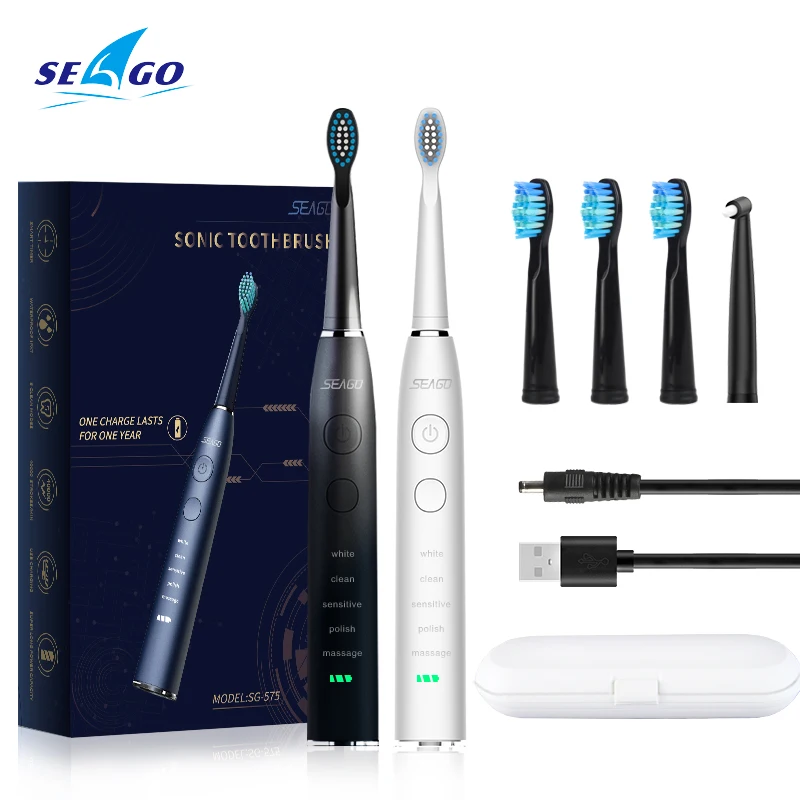 SEAGO Smart Rechargeable Electric Toothbrush Sonic for 5 modes Can Used 180 Days with 4 Brush Heads & 1 Interdental brush SG575