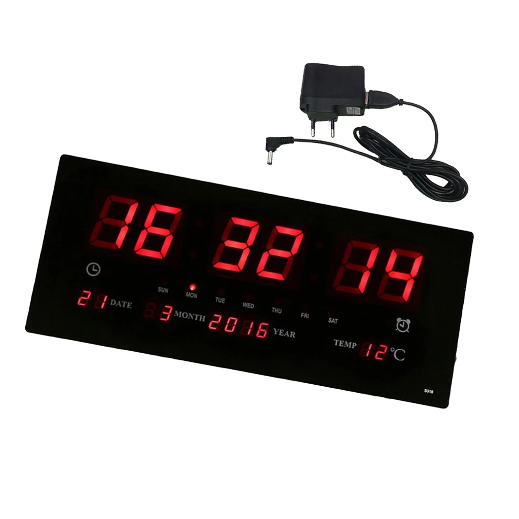 17inch Digital LED Screen Projection Wall Clock Time Calendar with Indoor Thermometer 24H Display - Days/Month/Year EU