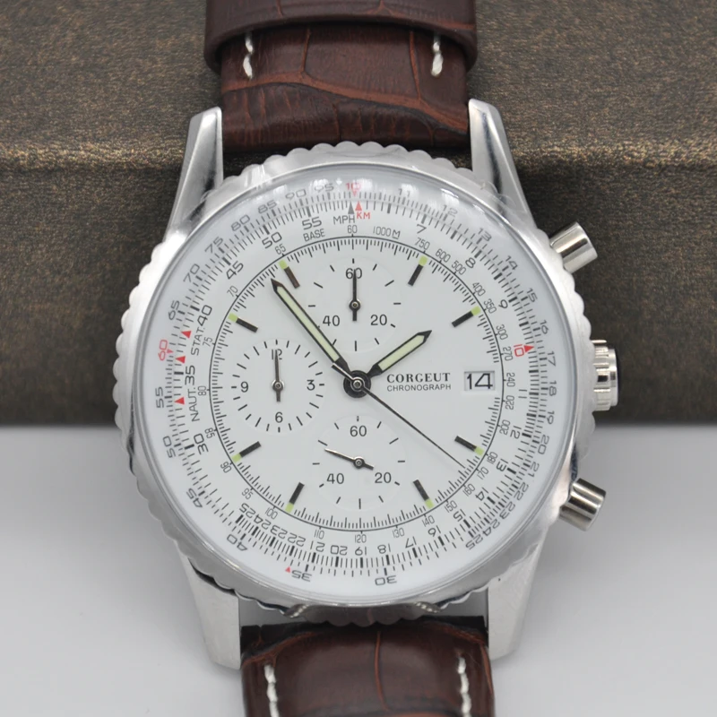 46 мм Corgeut для мужчин s часы лучший бренд класса люкс светящиеся белые часы для мужчин кожаный Хронограф Кварцевые часы для мужчин часы Авто Дата
