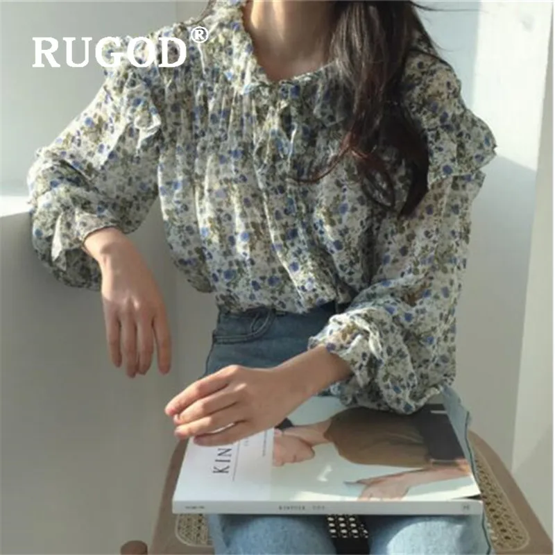 RUGOD Весенняя блузка с оборками Женские блузки с длинным рукавом элегантный топ корейская модная одежда женские рубашки шифон плиссированные цветочные