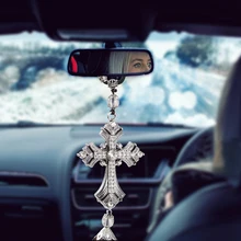 Зеркало заднего вида с металлическим и кристальным кристаллом и алмазным крестом, украшение для автомобиля