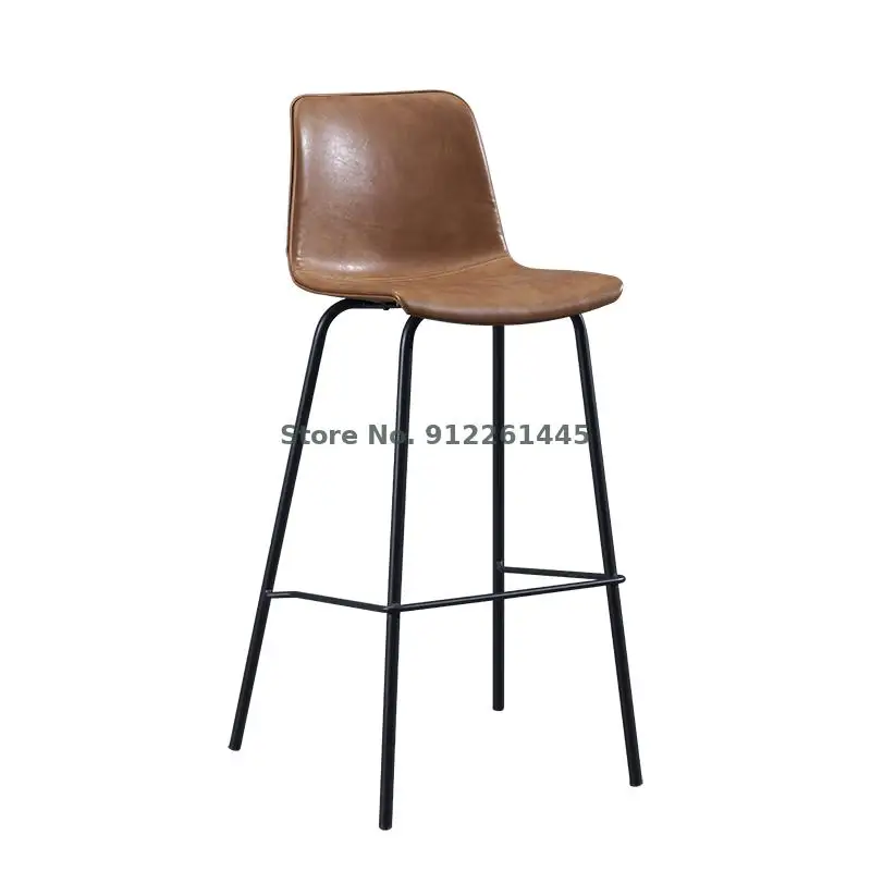 Bar chair ins net red designer Nordic iron high Retro Leather Stool bar black foot | Мебель