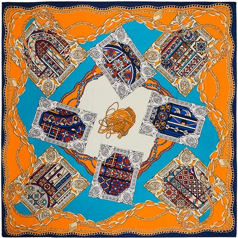 

21 Colour 130 CM Metal Chain Pattern Woman Scarf 100% Silk Twill Kerchief Shawl Female Foulard Hijab Soft Lady Sunscreen Scarves