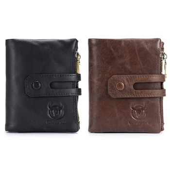 

BULLCAPTAIN 2 Pcs Hot Genuine Leather Men Wallets Credit Business Card Holders Double Zipper Wallet-Black & Brown