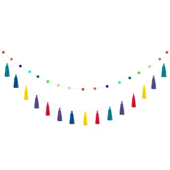 

2pcs Tassel Garland Pompom Ball Garland Colorful Fashion Tassel Banner Wall Hanging Decor for Birthday Party Baby Shower Nursery