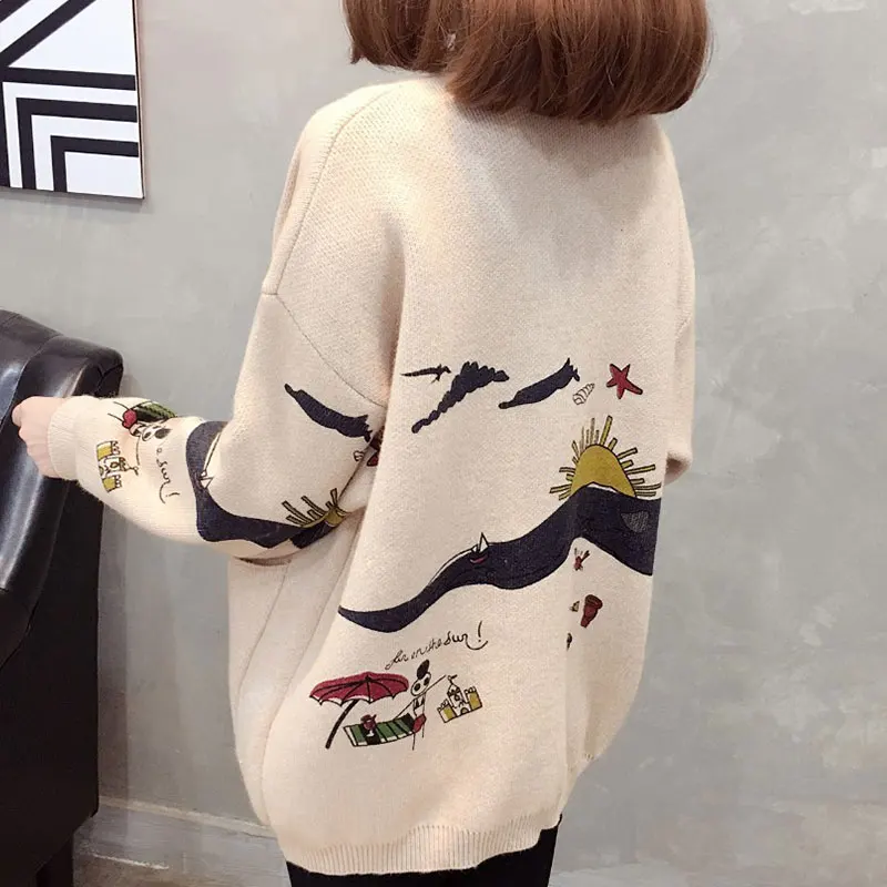 Women Print V Neck Sweater Cardigan Female Spring Winter Knitted Cardigan Coat Ladies Preppy Style Outerwear Big Pocket AA11938