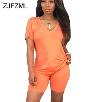 

Solid High Elastic 2 Piece Matching Set Outfit Women V Neck Short Sleeve Slim Fitted T Shirt + Skinny Shorts Summer Track Suit