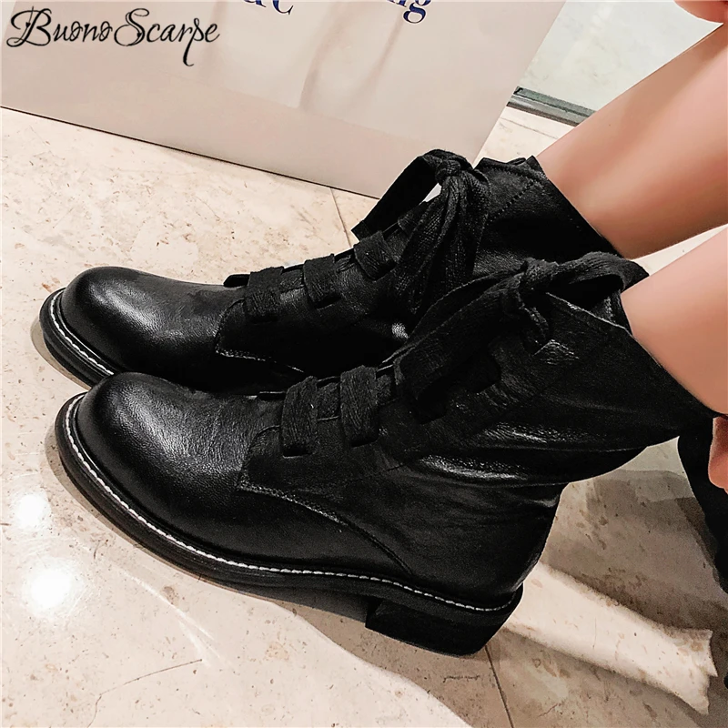 Buono Scarpe/Брендовые ботильоны на шнуровке; повседневные женские ботинки из натуральной кожи; женские короткие ботинки на не сужающемся книзу массивном каблуке; женская кожаная обувь; Новинка