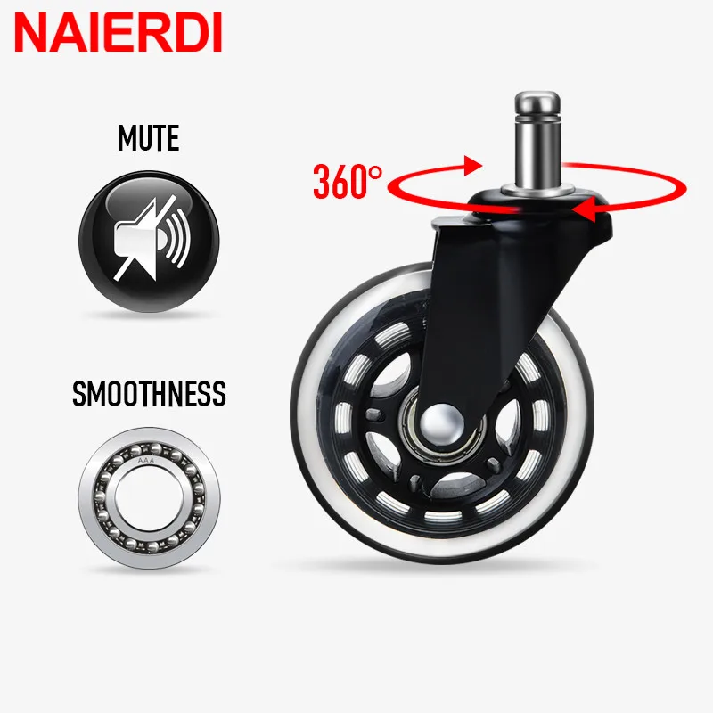 NAIERDI 1PC Universal Mute Wheel 3 inch Office Chair Caster Replacement 60KG Swivel Rubber Soft Safe Rollers Furniture Hardware