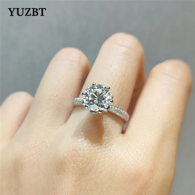 YUZBT Women 925 Silver 2 Carat Gemstone Excellent Cut Diamond Test Past D Color Moissanite Queen Blossom Ring Wedding Jewelry