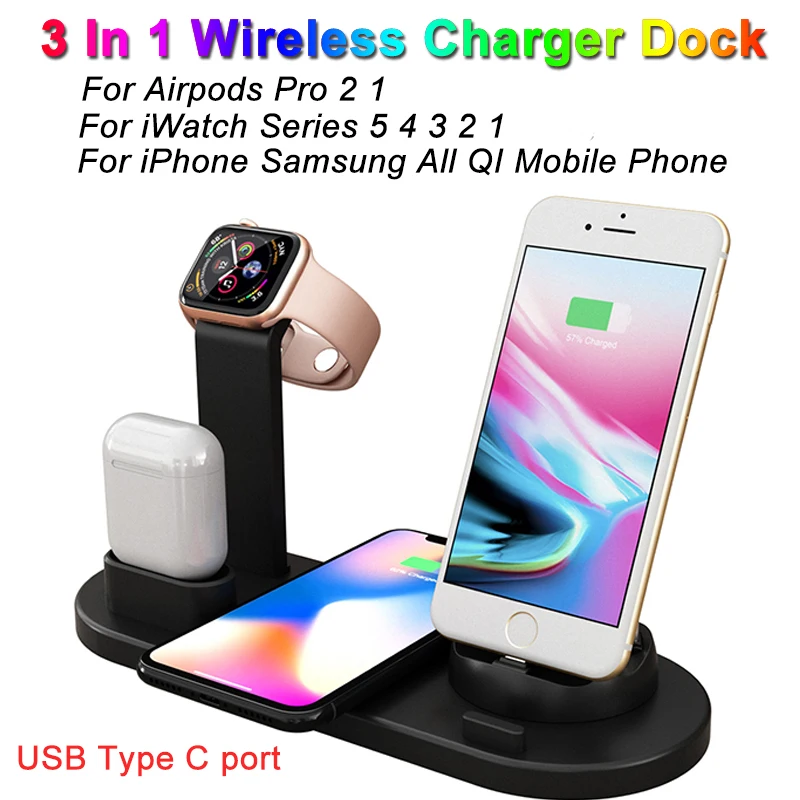 

For Airpods Pro 1 2 iWatch Series 5 Fast Wireless Charging Stand Base 3 In 1 Charger Dock For iPhone Samsung All QI Mobile Phone