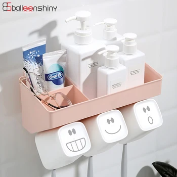 

BalleenShiny Toothbrush Holder Toothpaste Wall Mounted Toothbrush Holder with Cups Bathroom Organizer Storage Rack Sets