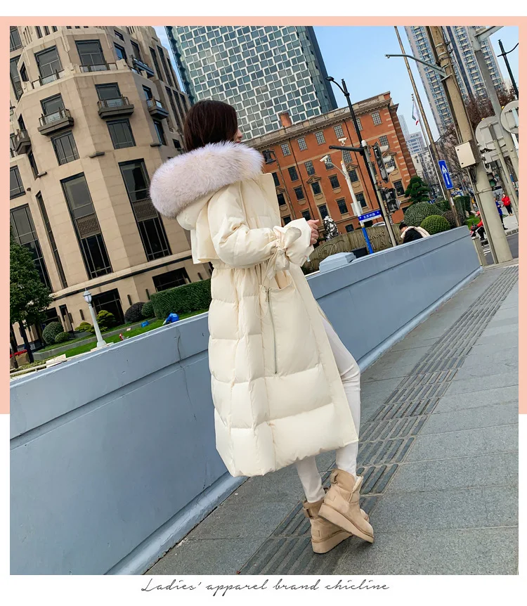 YOSIMI, зимнее длинное женское теплое пуховое пальто, женское повседневное длинное белое пуховое пальто с меховым воротником, с капюшоном, свободного размера плюс