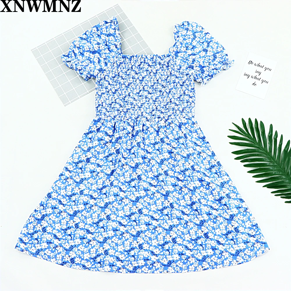 

2020 women summer mini dress blue Floral Print Ladies Slim Waist Pleated Puff Sleeve Short Dresses Holiday Casual vestido mini