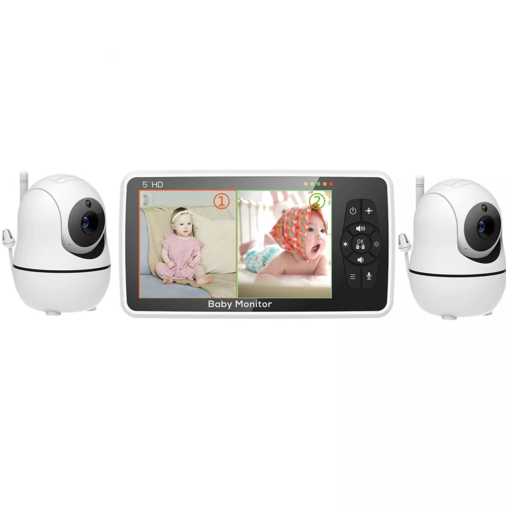 5 inch Video Baby Monitor with Two Camera and Audio, Night Vision, 4X Zoom, 1000ft Range 2-Way Audio Temperature Sensor Lullaby car monitors