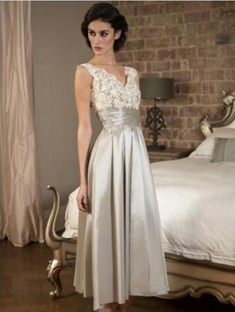 silver tea length wedding dresses