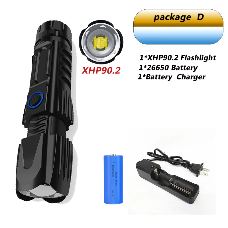 Мощный светодиодный фонарь XHP90.2 Xlamp, тактический Водонепроницаемый фонарь, умный чип с управлением, конус с подзарядкой от USB - Испускаемый цвет: Package  D