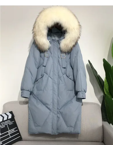 Blue-cream fur AYUNSUE, женский зимний пуховик с капюшоном, длинный пуховик на утином пуху, воротник из натурального меха енота, корейский пуховик, L0707 KJ3715 - Цвет: Blue-cream fur
