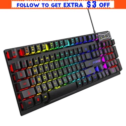 Clavier de jeu mécanique filaire rétroéclairé arc en ciel, avec interrupteurs rouges, pour PC de Gaming sous Windows (104 touches, noir) 