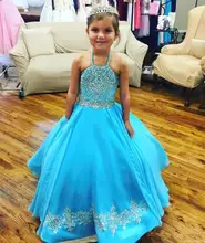 

Princess Beaded Sky Blue Flower Girl Dresses Ball Gown Halter Neck Backless Corset Crystal Pageant Party Dress for Kids Children
