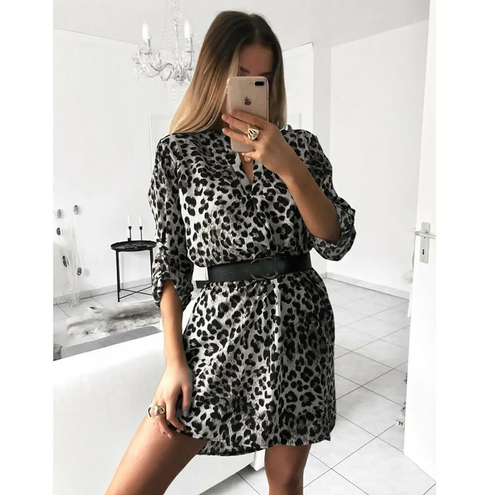 white Leopard Модное женское леопардовое платье-футболка, элегантные вечерние платья с длинным рукавом, Клубная одежда с v-образным вырезом, женская одежда, женская одежда, уличная одежда - Цвет: white Leopard