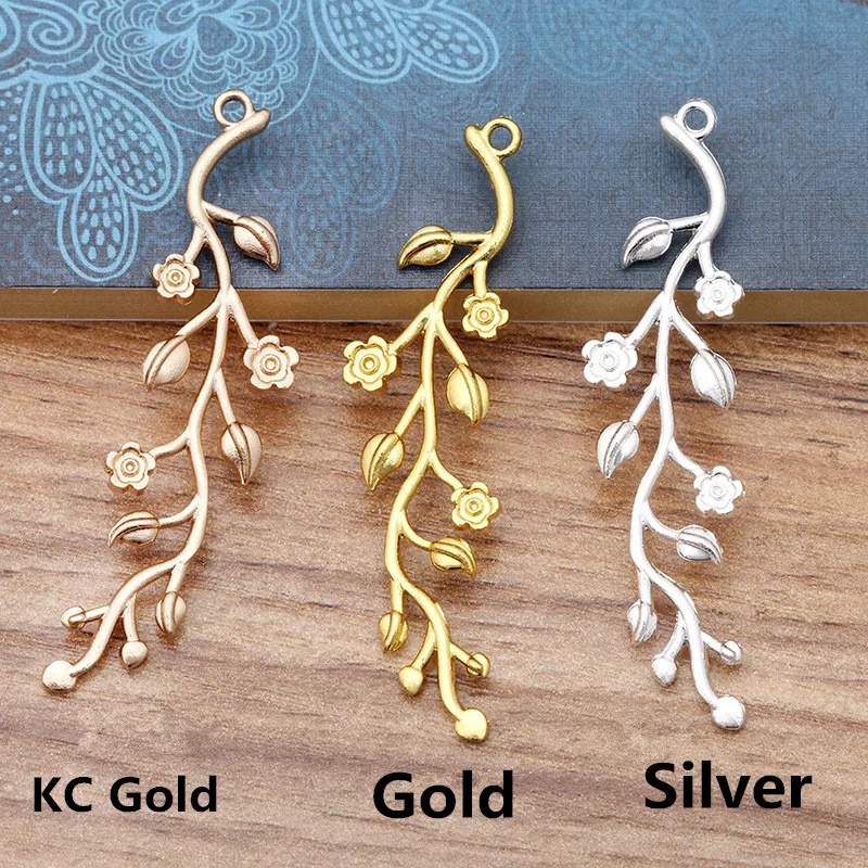 20 PCS 15*59mm Metal Alloy Flowers Branches Leaves Pendant Gold Silver Long Pendant Connectors Charm DIY Jewelry Findings