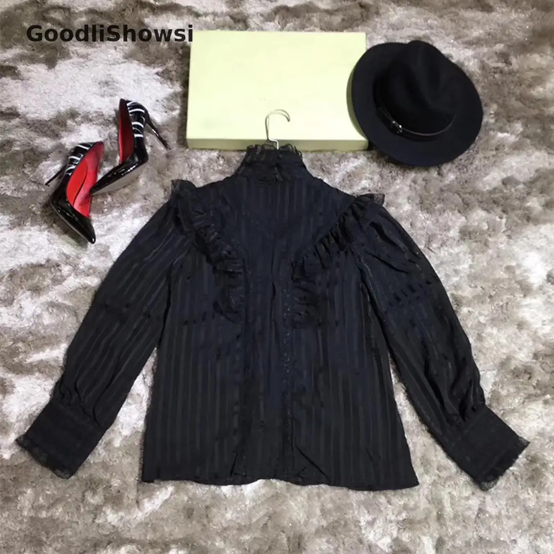 GoodliShowsi, Модные полосатые рубашки, одноцветные, кружевные, из кусков, с деревянными ушками, со стоячим воротником, с рукавами-фонариками, женские блузки, топы