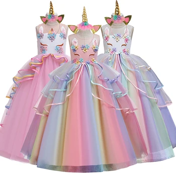 

2020 girls unicorn long dresses birthday princess dress wedding flower girl multi-layer mesh gauze hem unicorn party dress youth