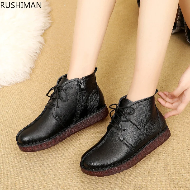 

RUSHIMAN original leather handmade women's boots single plus velvet cotton boots thick bottom slope with short boots muffin35-41