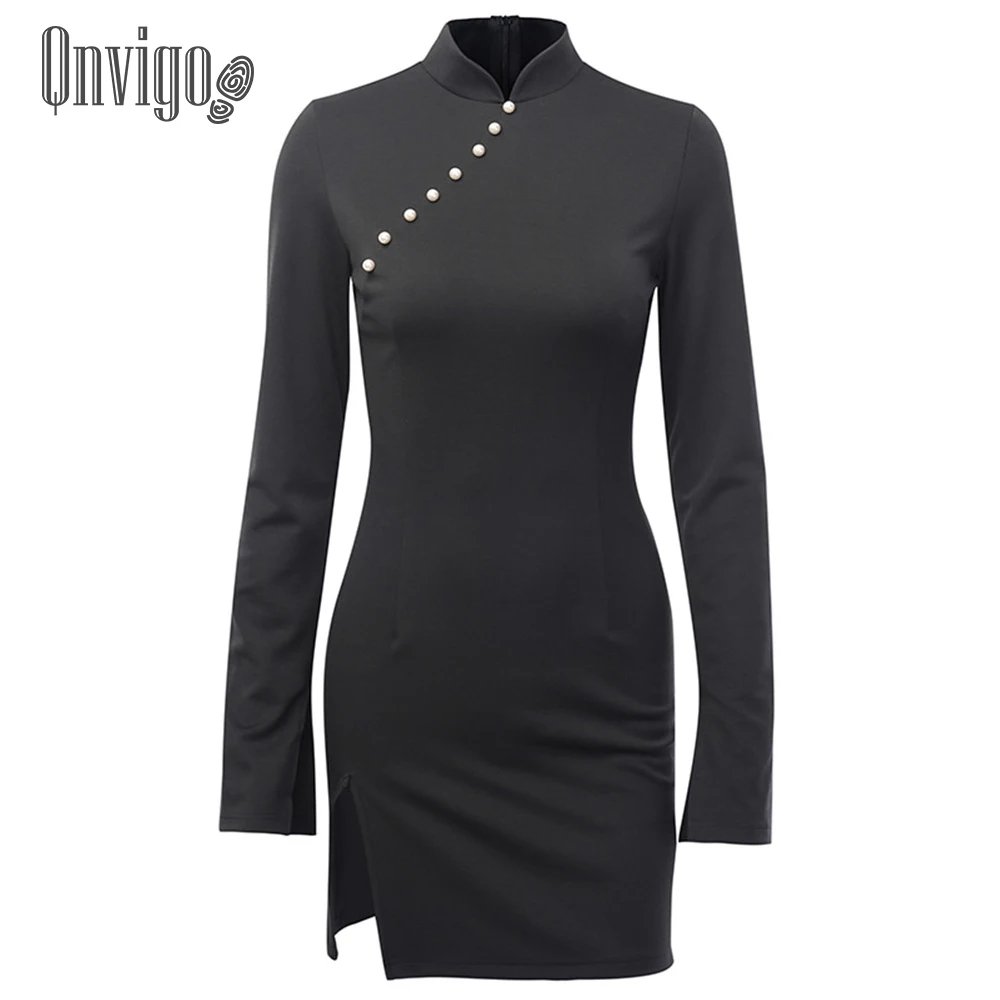 

Qnvigo Vintage Dresses Black Girl Dark Simple Long-sleeved Dress 2020 New Pearl Chic Sexy Party Mini Skirt Cheongsam