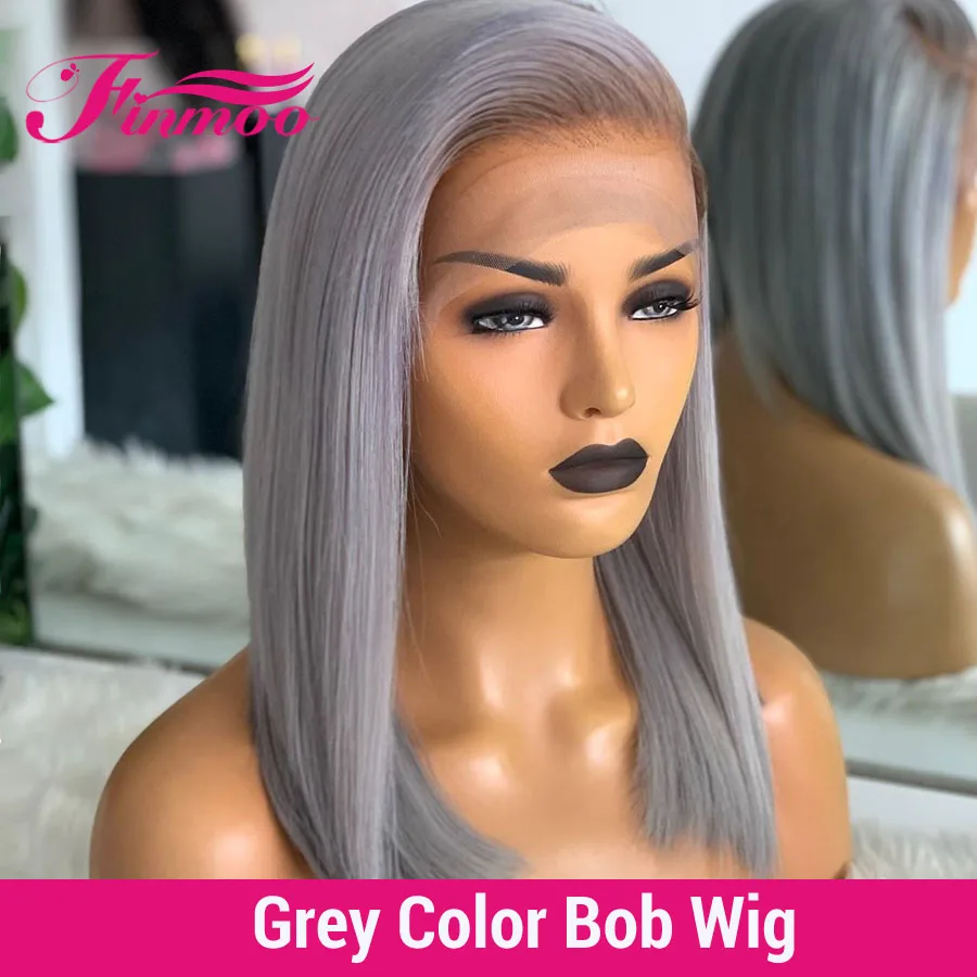 Grey Color 13x6 Transparent Lace front Human Hair Bob Wigs Straight Peruvian Remy Hair Lace Wig Pre Plucked For Black Women 180 - Цвет: Grey Color