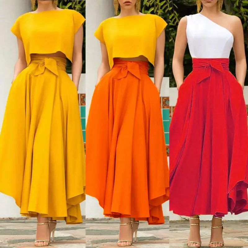 

Women's High Waist Flared Pleated Long Skirt Sweet Bow Solid Color Skirt Gypsy Maxi Skirts Full Length Ladies Skirts Costume