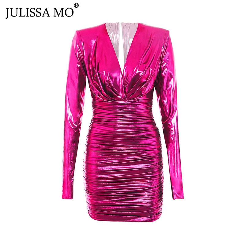 Julissa mo осень Для женщин сексуальные вечерние платья розового цвета с длинными рукавами и рюшами, элегантное облегающее платье стильная обувь на молнии, с v-образным вырезом, мини платье Vestidos