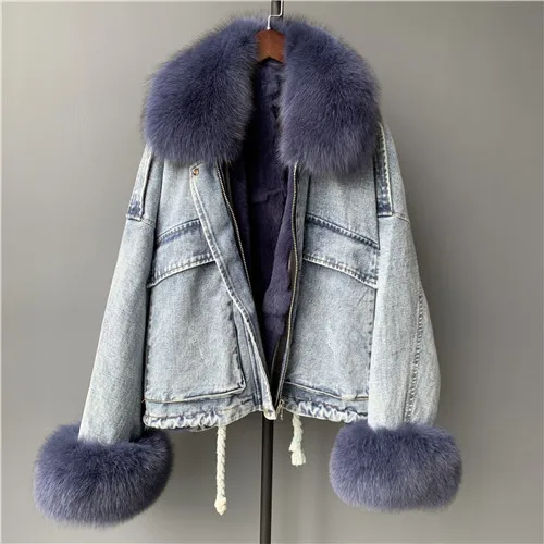 Blue - navy fur MAOMAOFUR настоящая меховая парка зимняя короткая стильная куртка с натуральным лисьим меховым воротником манжета из меха кролика рекс пальто с подкладкой женская джинсовая Меховая куртка - Цвет: Blue - navy fur
