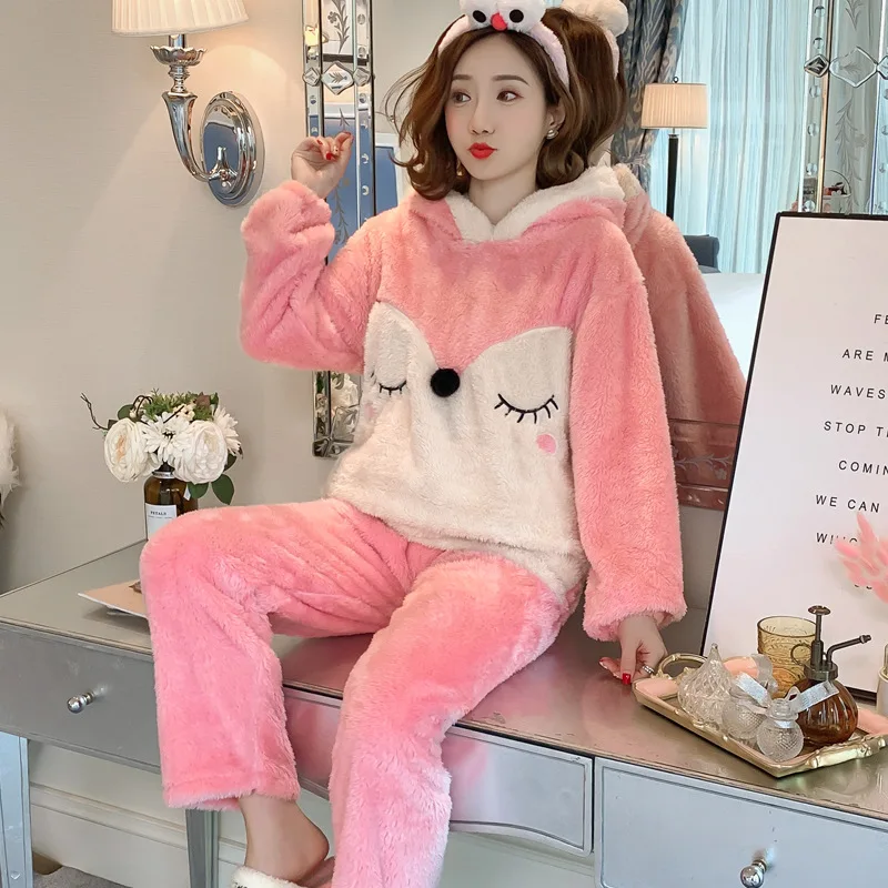 

737 # Pajamas Women's Autumn & Winter Cute Warm Thick plus Velvet Flannel Long Velvet Hooded Homewear Set