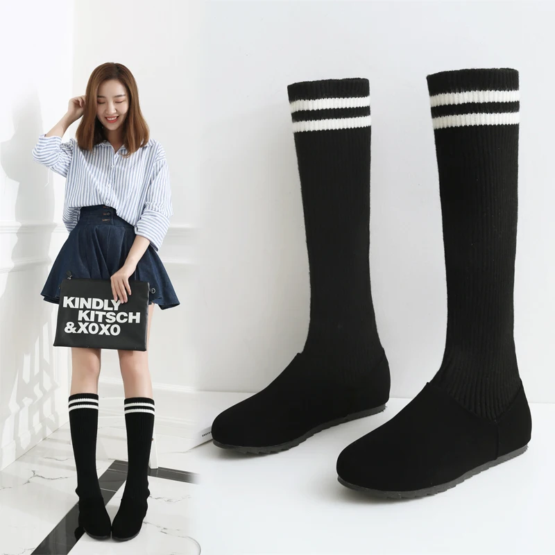 Эластичные сапоги-носки в полоску студенческие зимние сапоги на плоской подошве