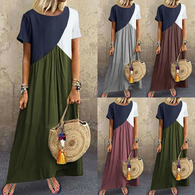 

Moxeay Plus Size Patchwork Dress 5xl Size Zanzea Kaftan Dress Vintage Women Cotton Linen Loose Long Dress With Pockets Spring