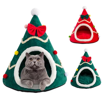 

1pcs Christmas Pet Bed Cute Christmas Tree Shape Cat Tent Winter Warm Soft Cat Dog House Pet Nest For Cats Kittens Small Animals
