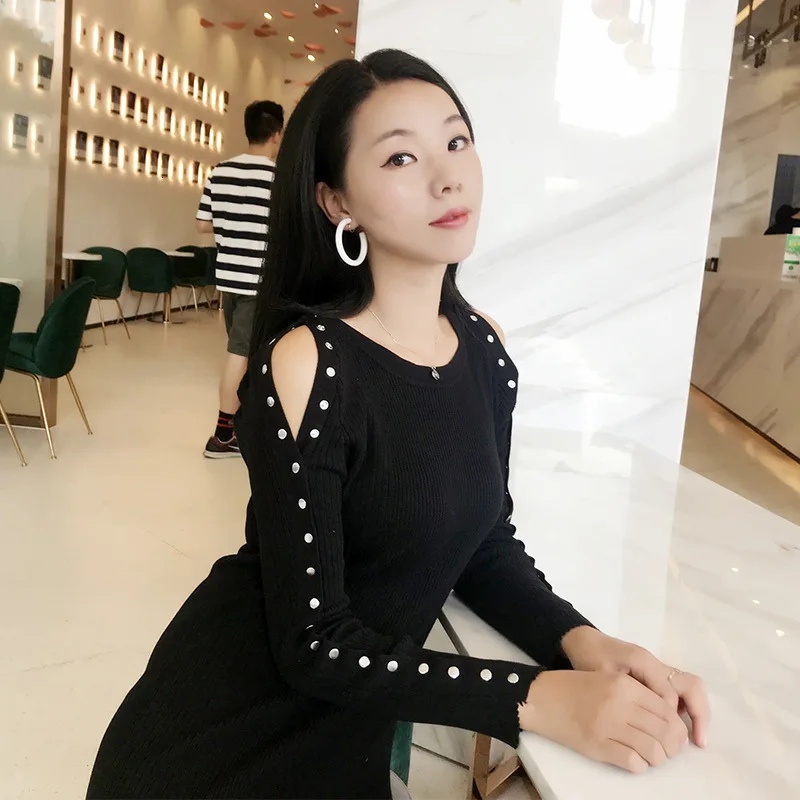 Fashion Women Knit Dress Solid Color Wild Casual Ladies Dress Off Shoulder Long Sleeve Solid Color Women Clothing Y648
