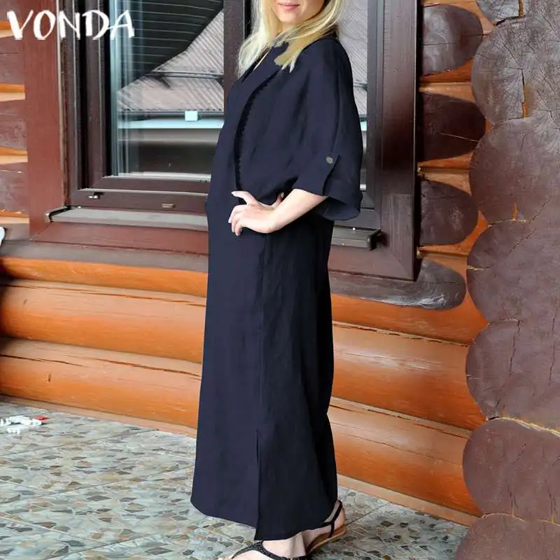 VONDA длинное платье макси повседневное свободное 3/4 рукав однотонная Праздничная юбка платья винтажное богемное Vestidos Femme сарафан большого размера 5XL